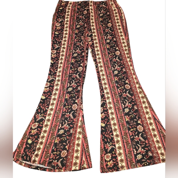 Mono B Pants - Mono B Floral Print Flare Leggings Bohemian Boho Red Beige Yoga Pants Women's 3X